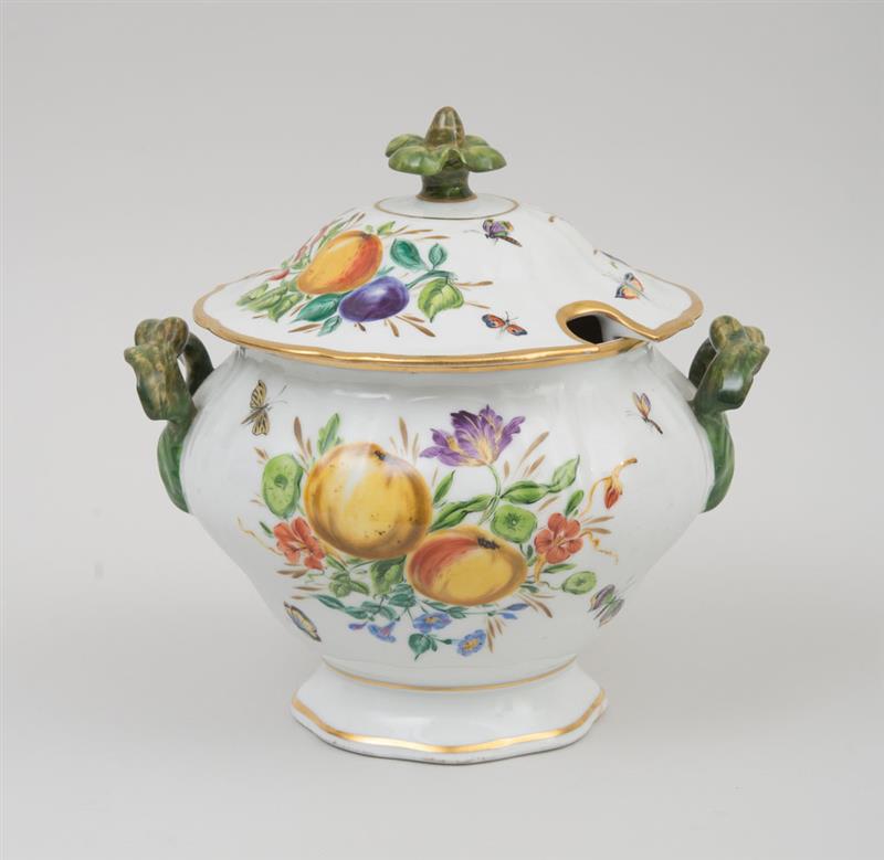 Appraisal: CONTINENTAL PORCELAIN FRUIT-DECORATED TUREEN AND COVER Unmarked x in Estimate