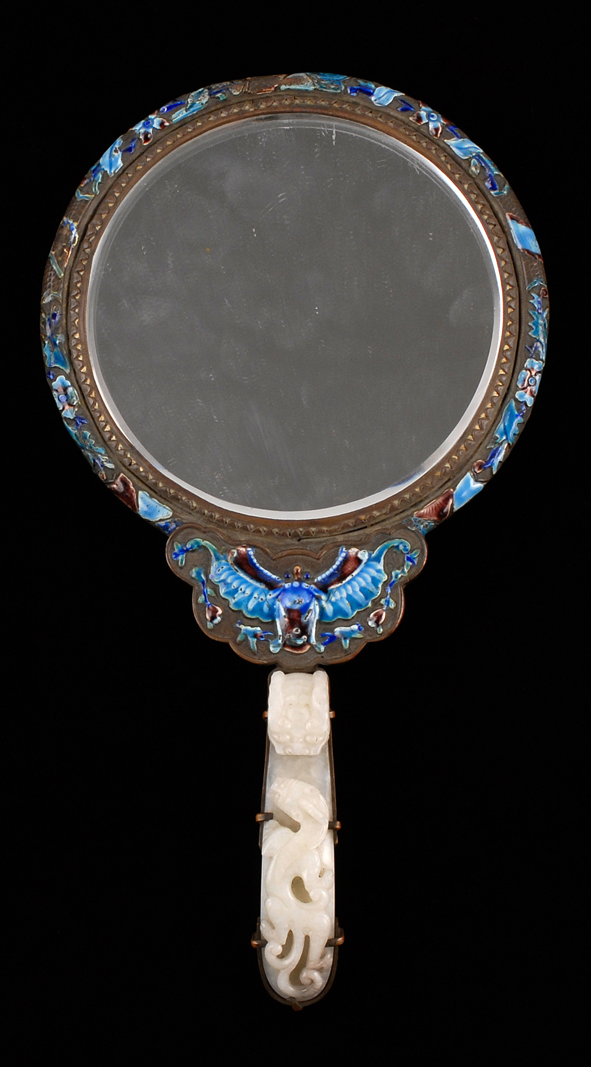 Appraisal: JADE AND ENAMEL HAND MIRROR Late th CenturyHandle formed from