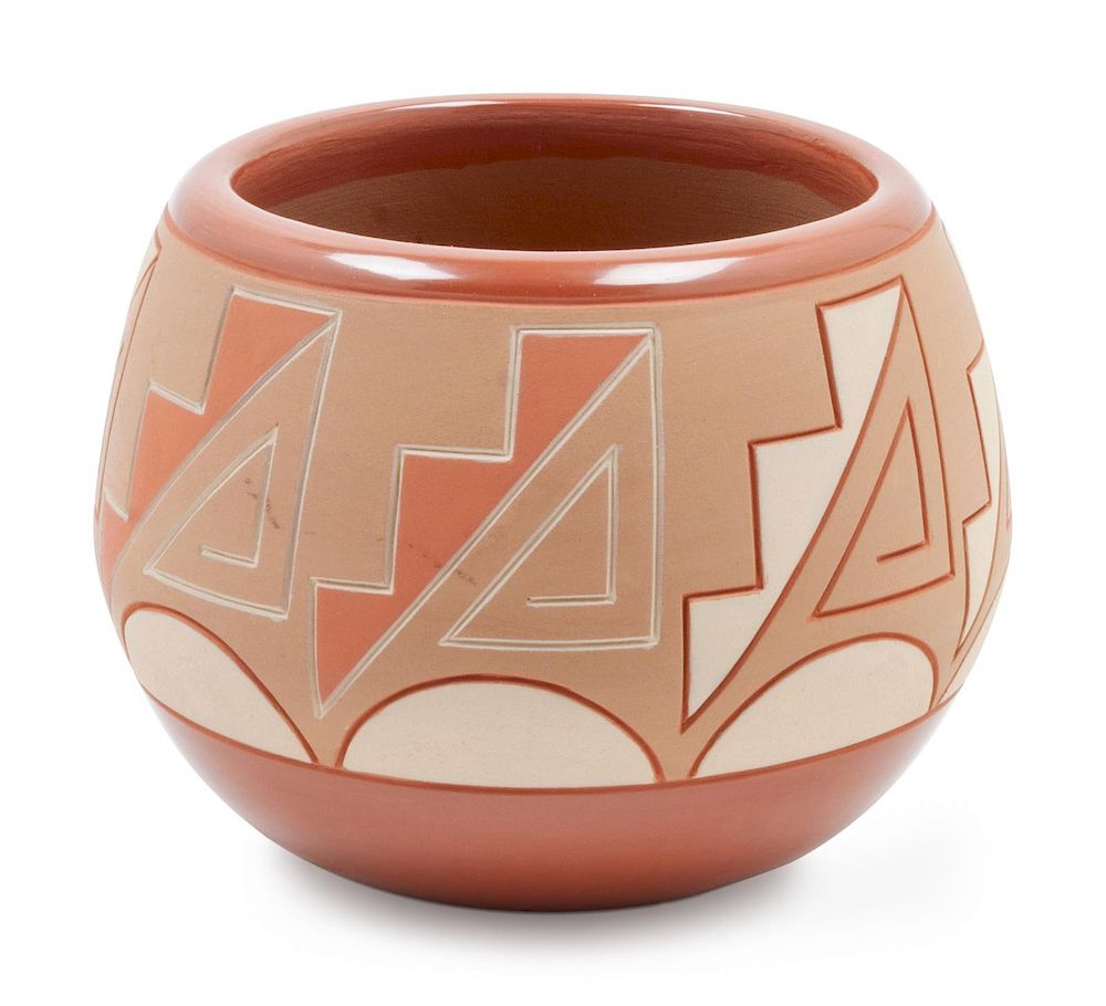 Appraisal: Alvin Curran Ohkay Owingeh - Geometric Carved Redware Vessel Alvin