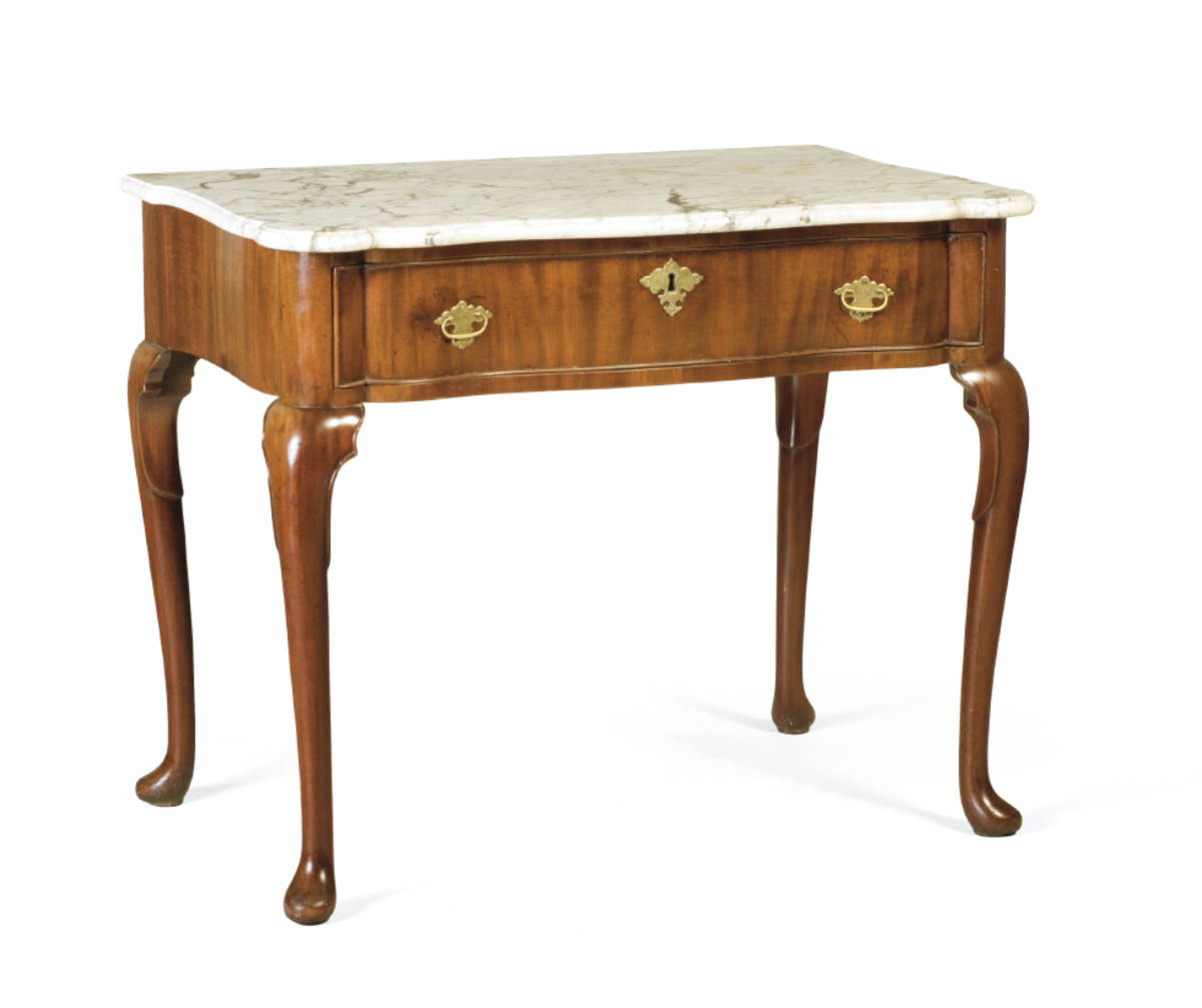 Appraisal: IRISH MAHOGANY MARBLE TOP CONSOLE TABLE The rectangular serpentine marble