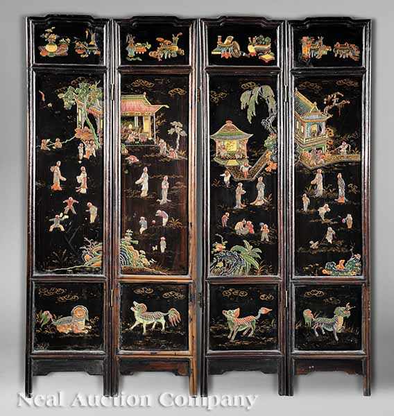 Appraisal: A Chinese Painted and Stone Inlaid Lacquer Four Panel Screen