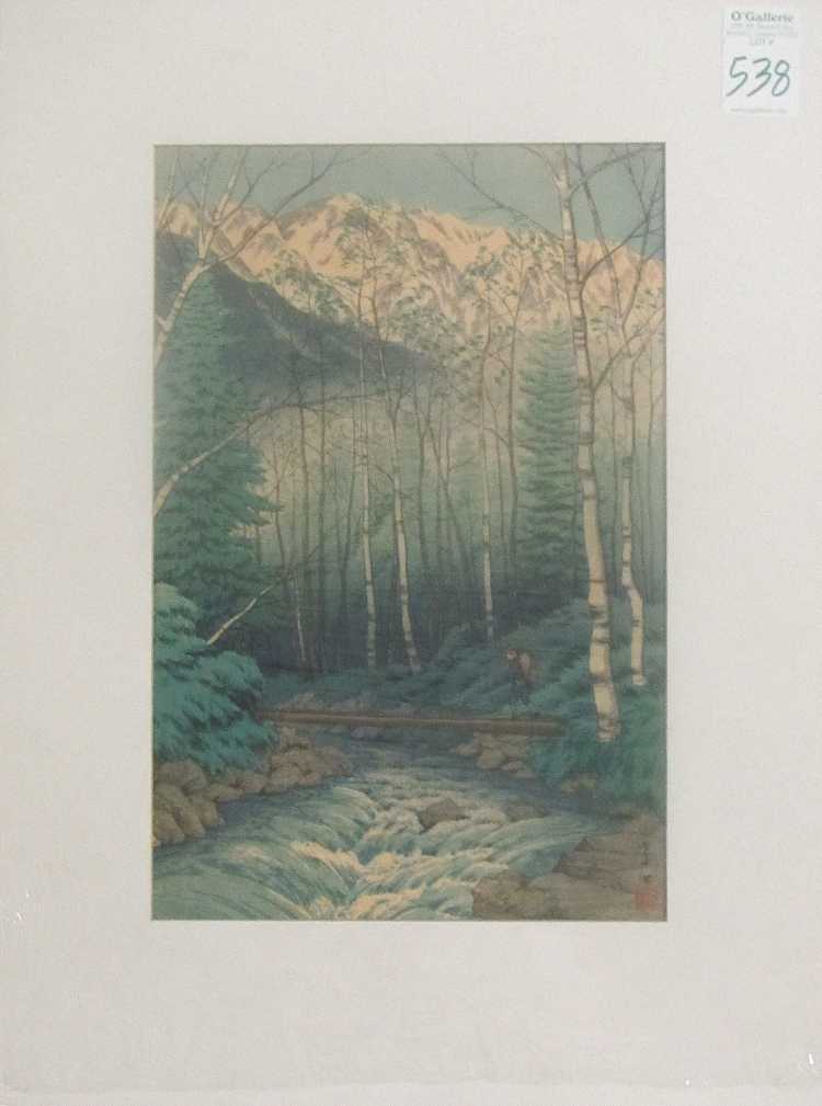 Appraisal: ITO TAKASHI WOODCUT Japan - Traveler crossing a mountain stream