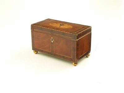 Appraisal: A th century mahogany and feather banded rectangular tea caddy