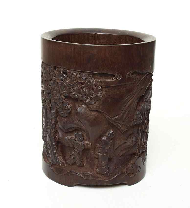 Appraisal: CHINESE CARVED BAMBOO BRUSH POT Highly detailed showing the sages