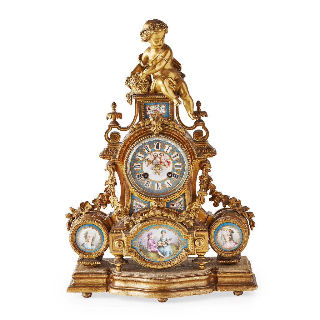 Appraisal: FRENCH PORCELAIN MOUNTED GILT METAL MANTEL CLOCK TH CENTURY the