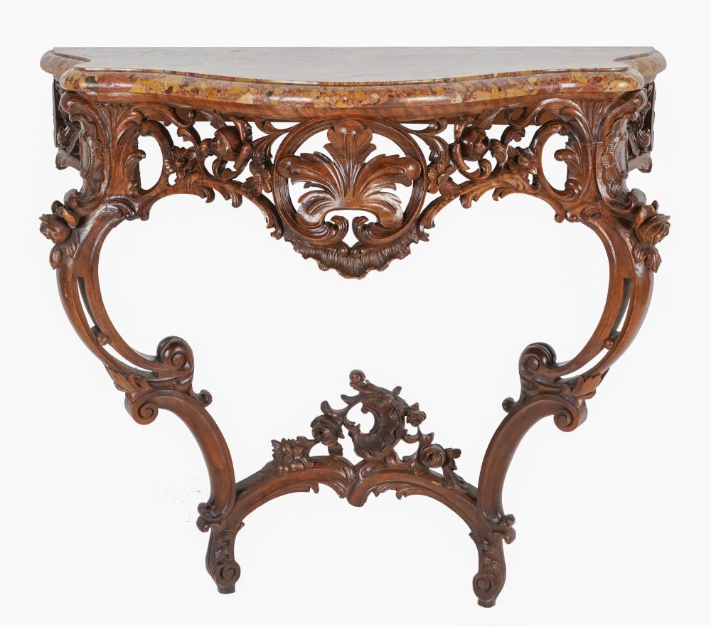 Appraisal: LOUIS XV-STYLE CARVED GILTWOOD MARBLE-TOP CONSOLECondition with losses pieces not