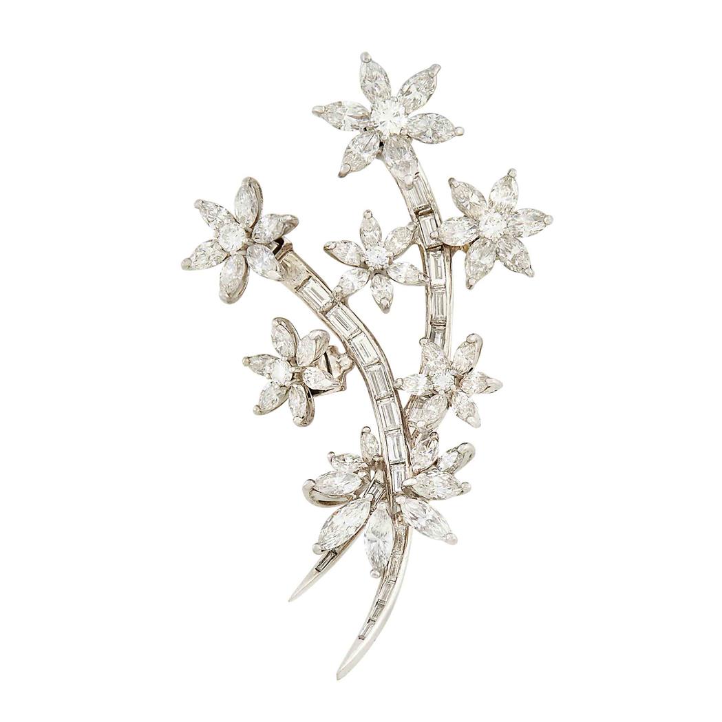 Appraisal: Platinum and Diamond 'en Tremblant' Brooch round marquise-shaped baguette diamonds