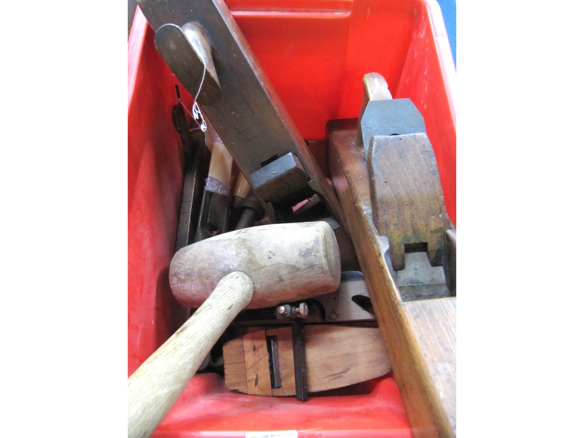 Appraisal: Four various early wood planes and large wood mallet chisels