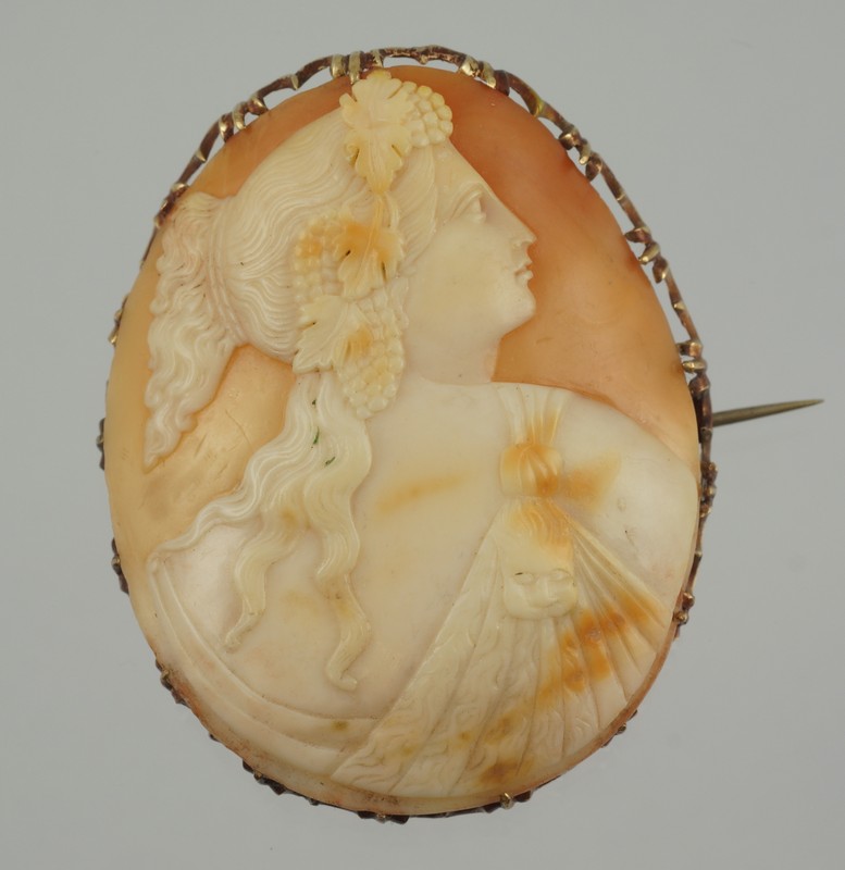 Appraisal: Unmarked YG oval carved shell cameo pin bust of woman