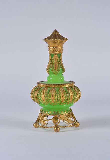 Appraisal: A French green opaline scent bottlelate th Centurywith filigree gilt