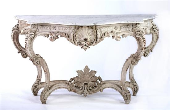 Appraisal: REGENCE CREAM-PAINTED MARBLE-TOP GRANDE CONSOLE TABLE early th century Serpentine