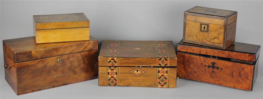 Appraisal: FIVE ENGLISH WOOD BOXES including a figured mahogany tea caddy