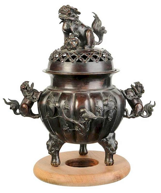 Appraisal: Japanese Patinated Bronze Lidded Censer th th century pierced lid