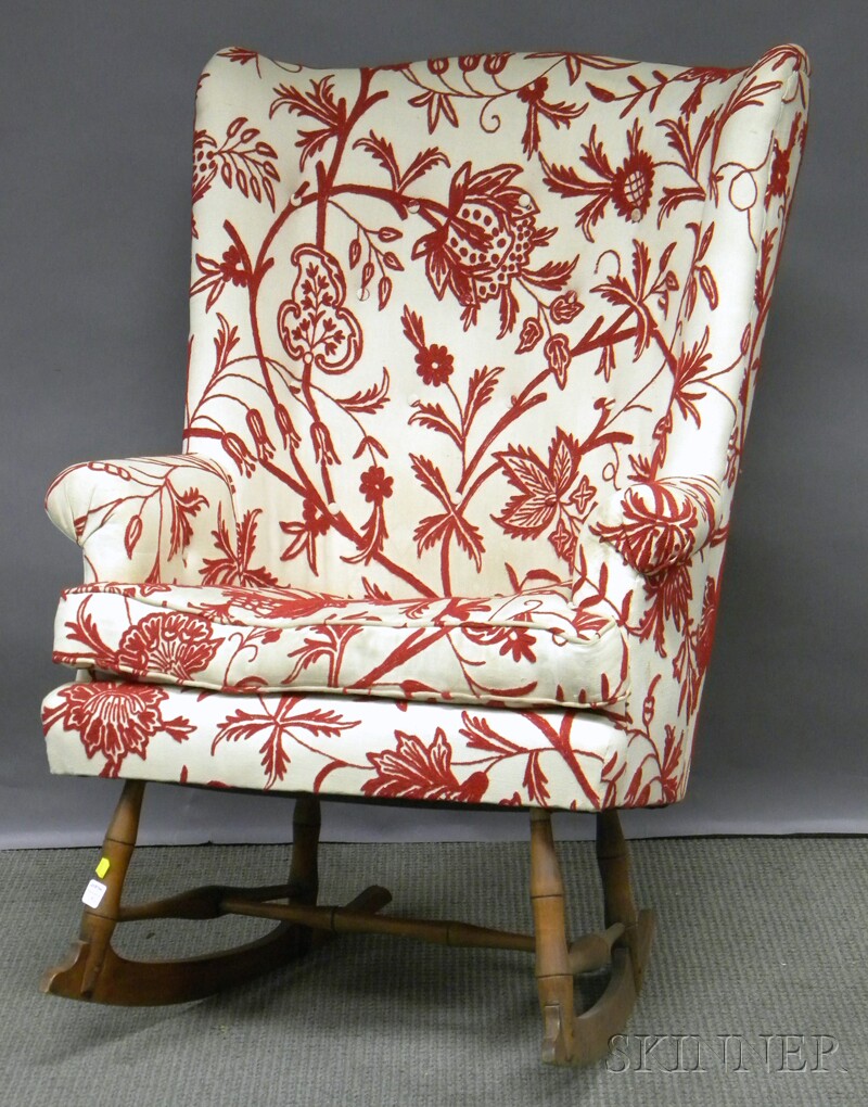 Appraisal: Crewel Upholstered Maple Rocking Wing Chair