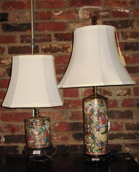 Appraisal: TWO CONTEMPORARY CHINESE FAMILLE ROSE LAMPS One cylindrical the other