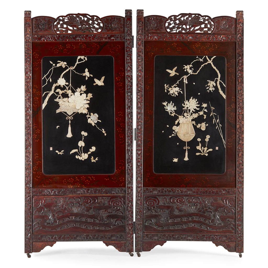 Appraisal: YLACQUERED WOOD IVORY INLAID TWO-FOLD SCREEN MEIJI PERIOD each panel