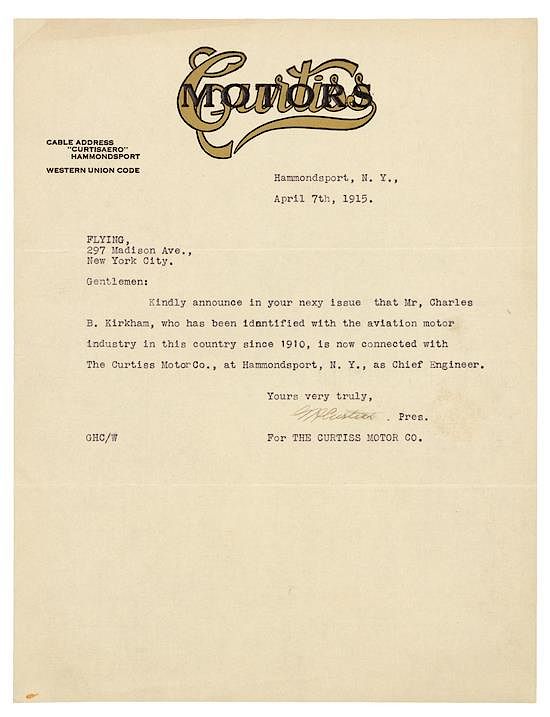 Appraisal: CURTISS Glenn Hammond - Typed letter signed G H Curtiss