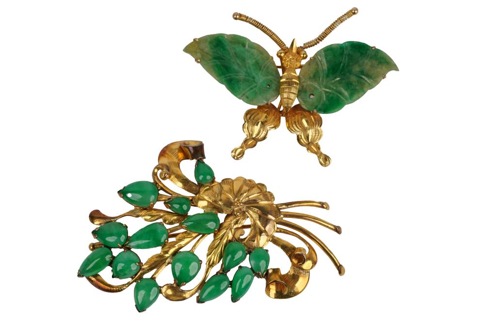 Appraisal: TWO KARAT YELLOW GOLD JADE BROOCHESthe karat yellow gold butterfly