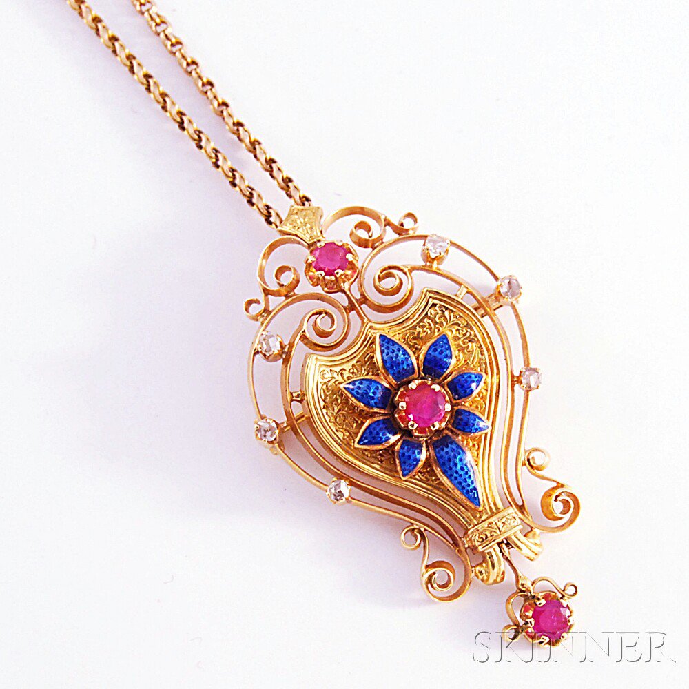 Appraisal: kt Gold Enamel and Ruby Pendant the shaped pendant with