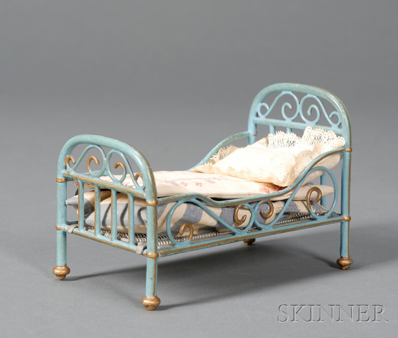 Appraisal: Blue-Painted Metal Dollhouse Bed early th century possibly Marklin rounded-top