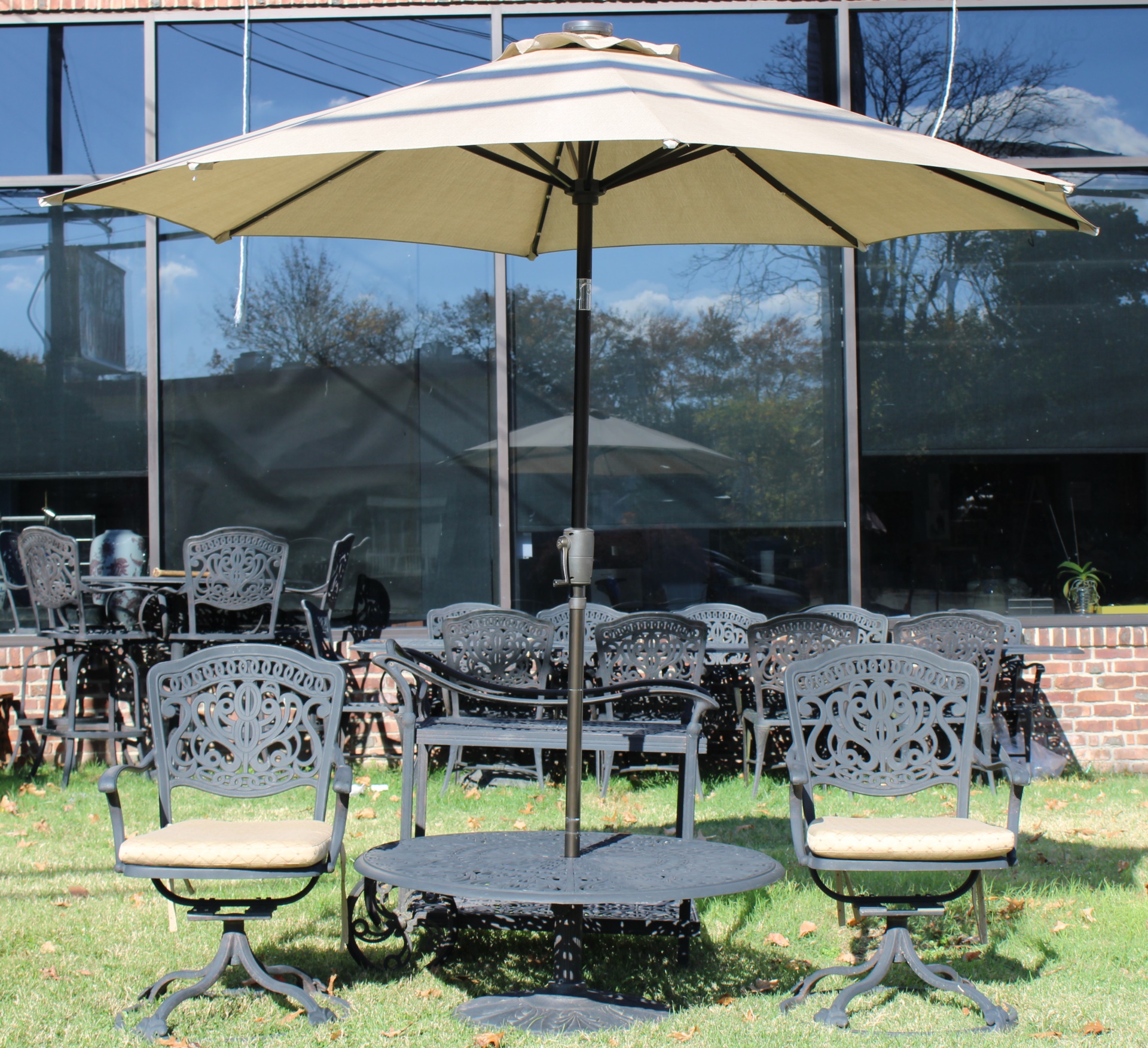 Appraisal: Vintage Patinated Iron Chairs Serving Cart Table Umbrella From a