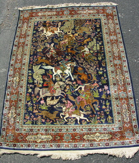 Appraisal: INDIA HUNTING SCENE CARPET From local estate Age undetermined Beautiful