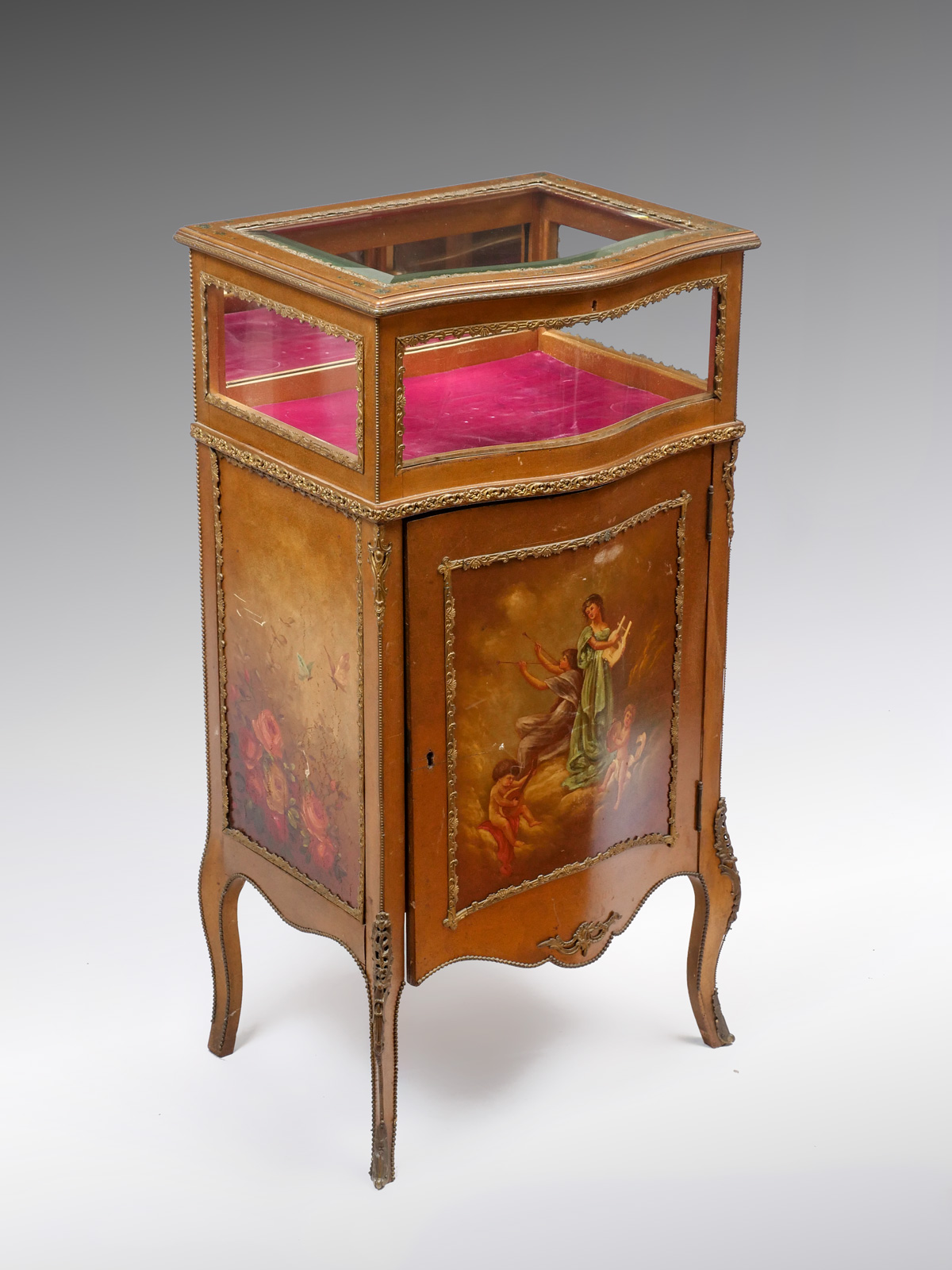 Appraisal: PAINTED MUSIC CABINET WITH VITRINE Music cabinet having a surmounting