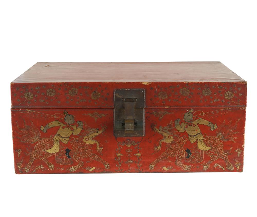 Appraisal: ASIAN LACQUERED GOLD LEAF TRUNKwith metal handles and lock no