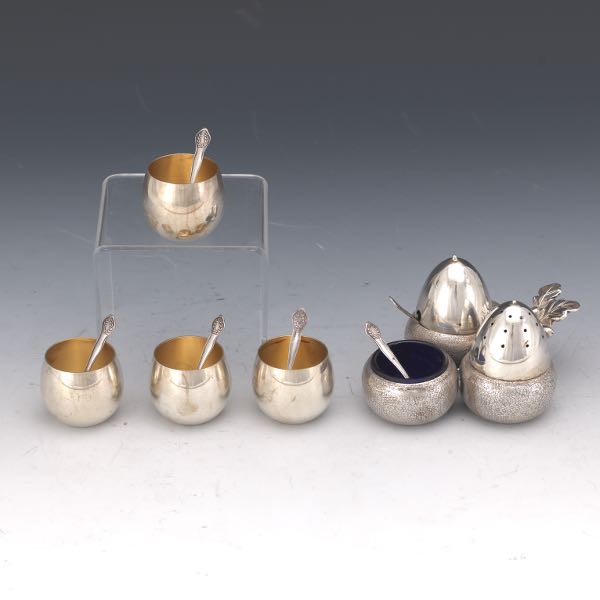 Appraisal: ENGLISH VICTORIAN STERLING ACORN MASTER SALT PEPPER MUSTARD AND FOUR