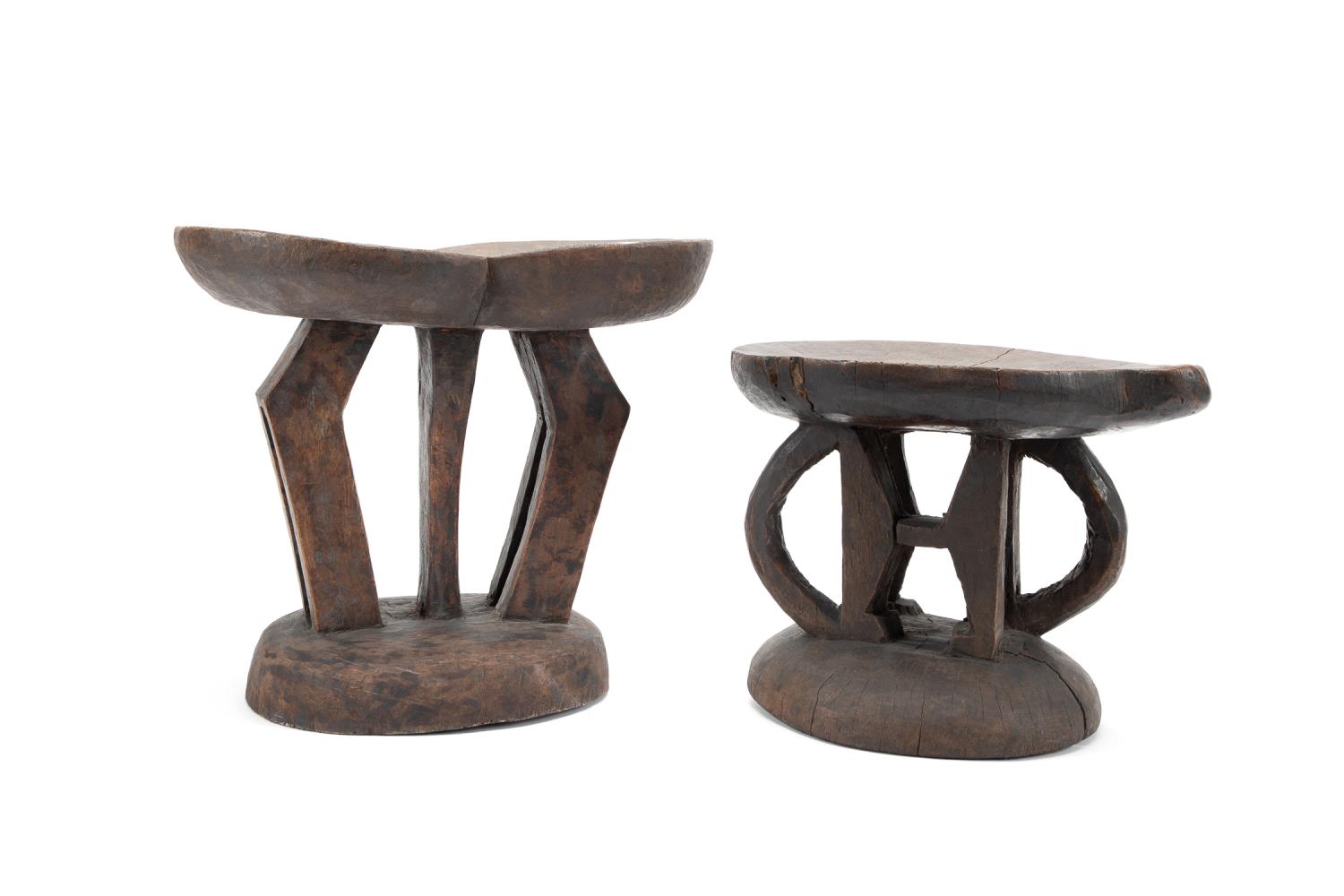 Appraisal: TWO AFRICAN GEOMETRIC LEG CARVED WOODEN STOOLS Two carved wooden