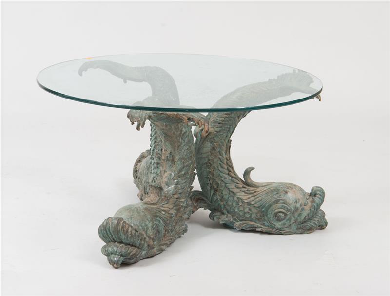 Appraisal: Cast-Zinc Dolphin-Form Glass-Top Low Table x in diam Scaaladd Quogue