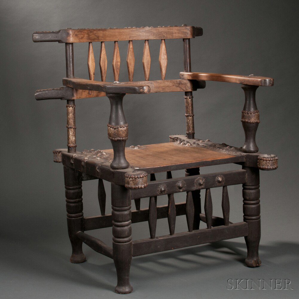 Appraisal: Malinke Wood Chief's Chair Guinea with metal and tack decoration