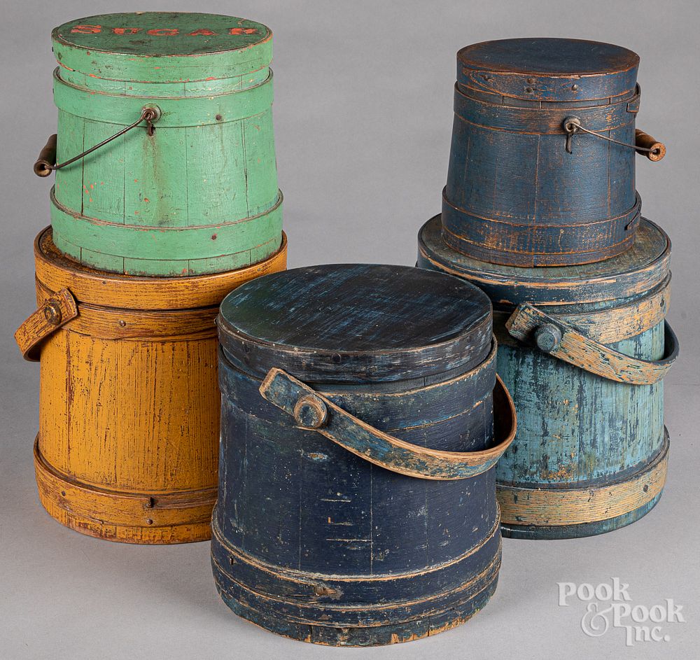 Appraisal: Five painted firkins th c Five painted firkins th c