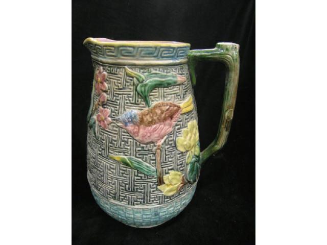 Appraisal: Large Majolica Pottery Pitcher bird floral HANDLE REATTATCHED