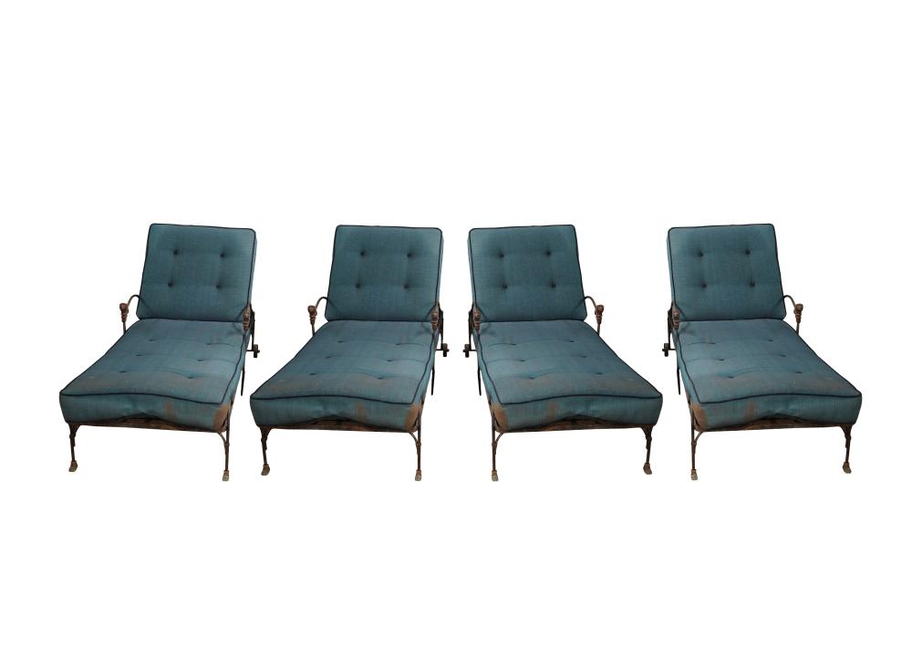 Appraisal: SET OF FOUR IRON CHAISESwith blue upholstered cushions inches wide