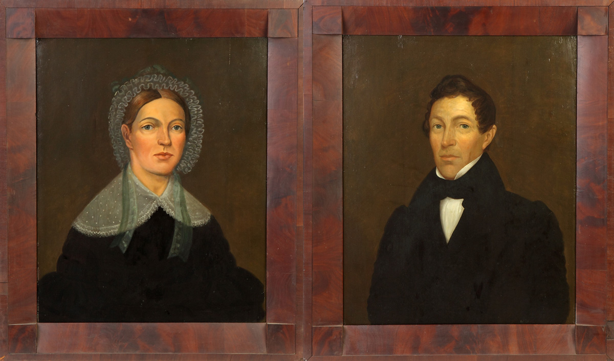 Appraisal: Pair of th cent Portraits Oil wood panel Abner Sally