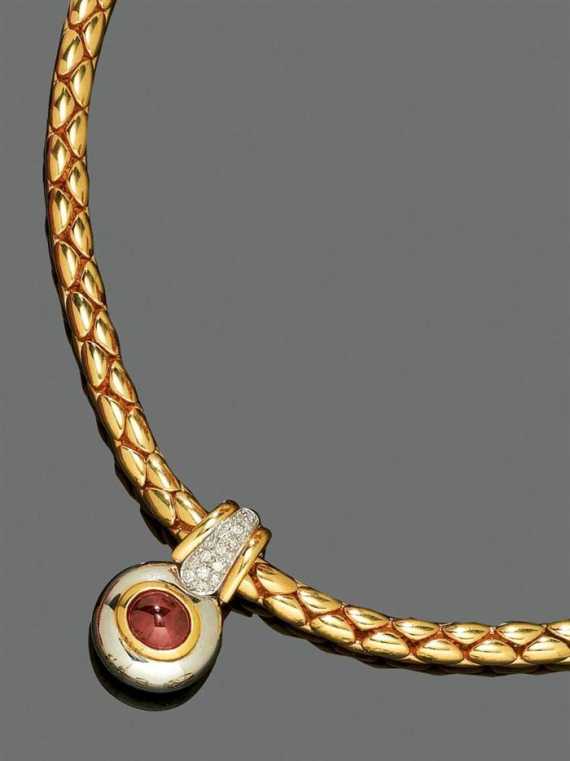 Appraisal: RUBY BRILLIANT-CUT DIAMOND AND GOLD NECKLACE Yellow and white gold