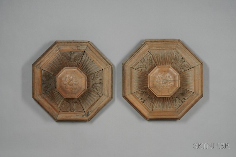 Appraisal: Pair of Octagonal Carved Walnut Eagle and Shield Decorated Ceiling