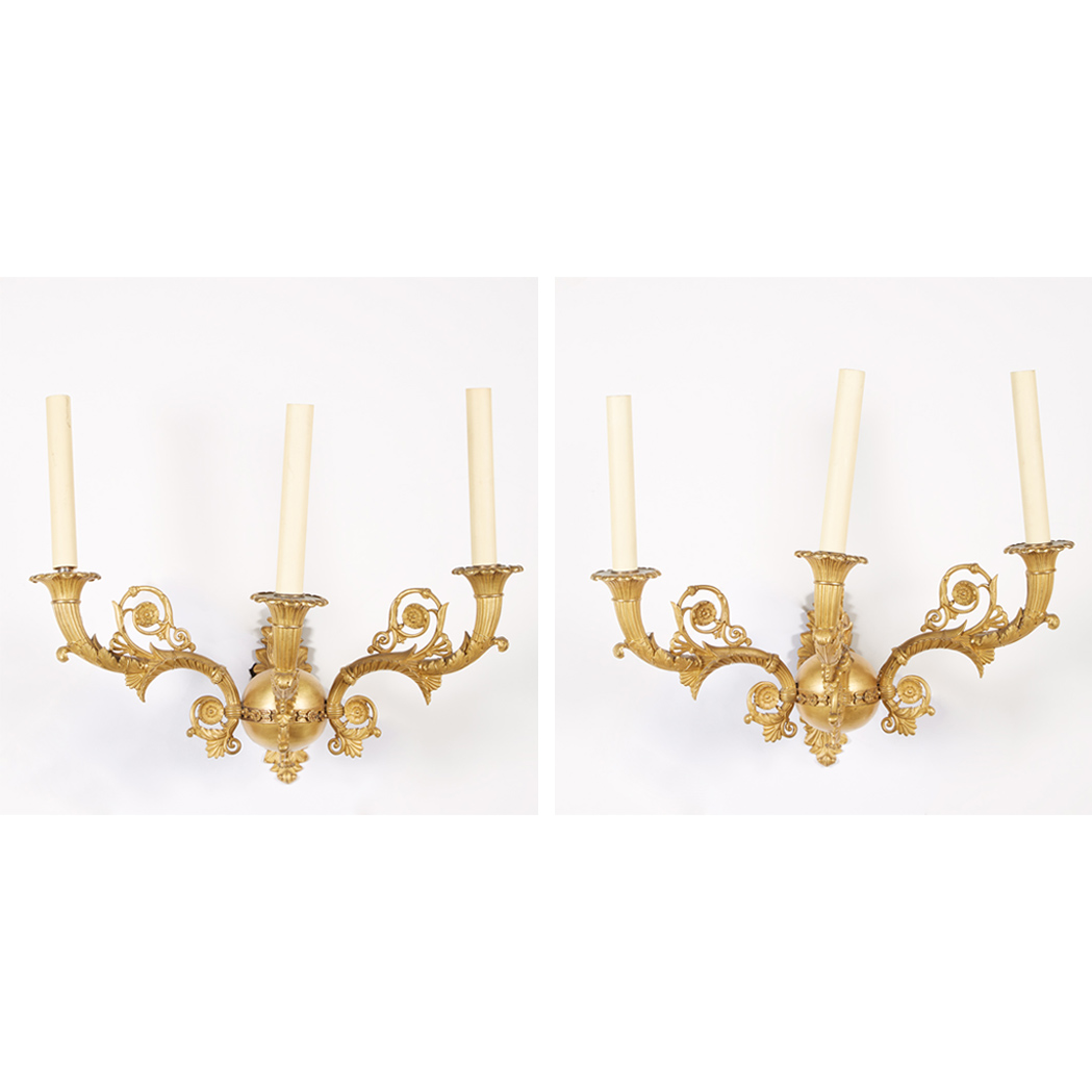 Appraisal: Pair of Restauration Gilt-Bronze Three-Light Bras de Lumieres Circa Each