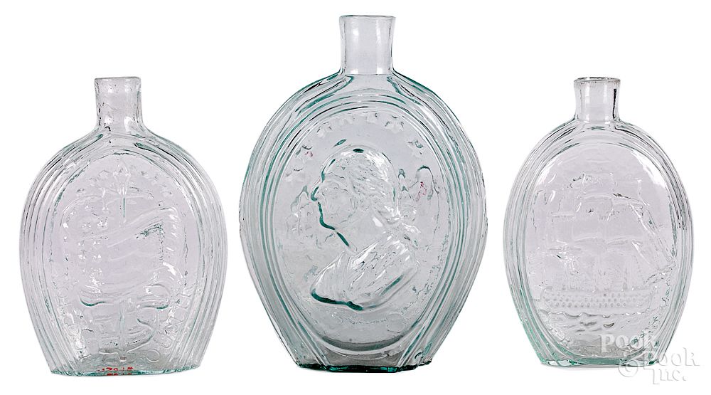 Appraisal: Three Historical aquamarine glass flasks Three Historical aquamarine glass flasks