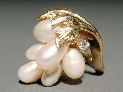 Appraisal: Japanese biwa pearl and diamond ring c k yellow gold