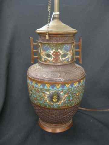 Appraisal: Japanese Bronze Champleve Lamp styled florals basketweave background '' body