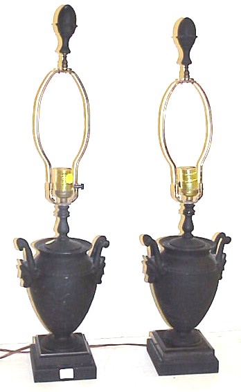 Appraisal: Pair of metal classical motif lamps masque handles one with