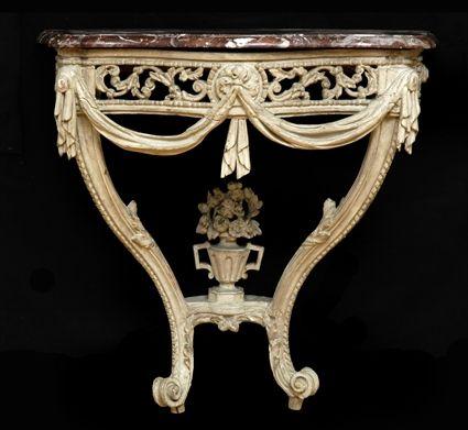 Appraisal: LOUIS XV CARVED AND GREY-PAINTED CONSOLE The serpentine-fronted pink mottled