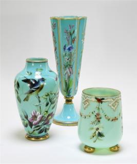 Appraisal: French Opaline Glass Enamel Decorated Vases FRANCE TH CENTURY A