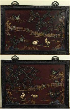 Appraisal: Pair of Chinese Hardstone-Inlaid Lacquer Wall Panels in x in