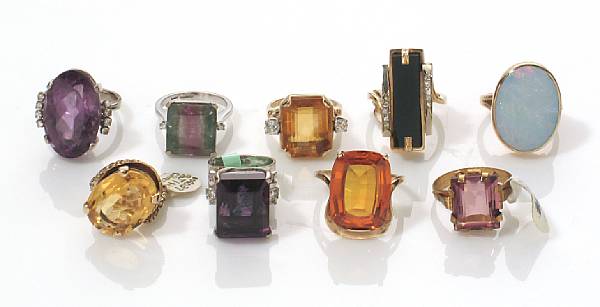 Appraisal: A collection of nine diamond gem-set gold and metal rings