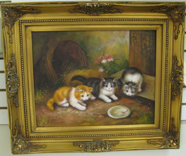 Appraisal: CONTINENTAL SCHOOL th century Oil on wood panel Three kittens