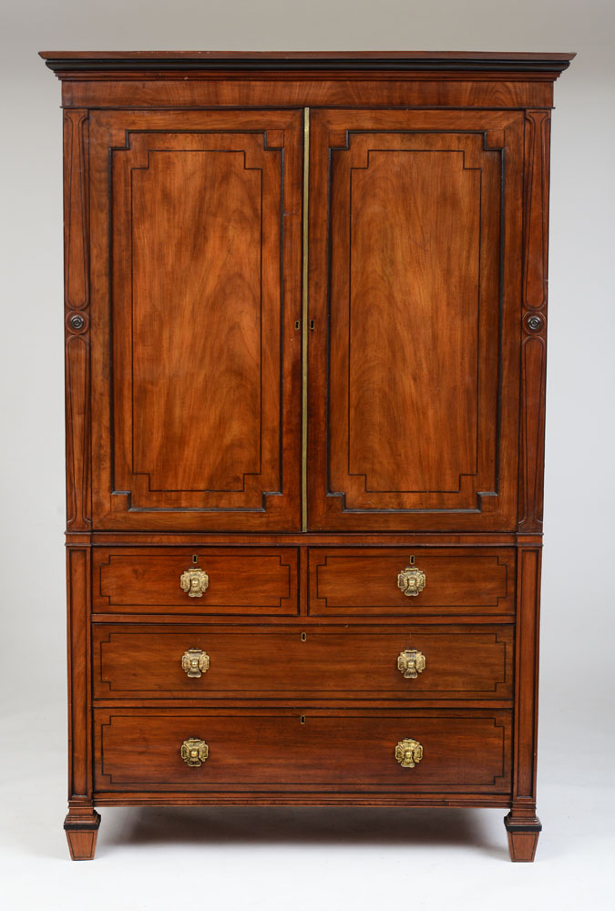 Appraisal: REGENCY EBONY INLAID MAHOGANY LINEN PRESS The overhanging molded cornice