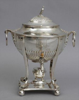 Appraisal: GEORGE III ARMORIAL SILVER HOT WATER KETTLE ON STAND John